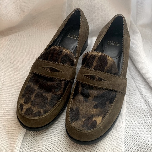 Stuart Weitzman Green Suede and Calf hair penny loafers - Picture 1 of 3